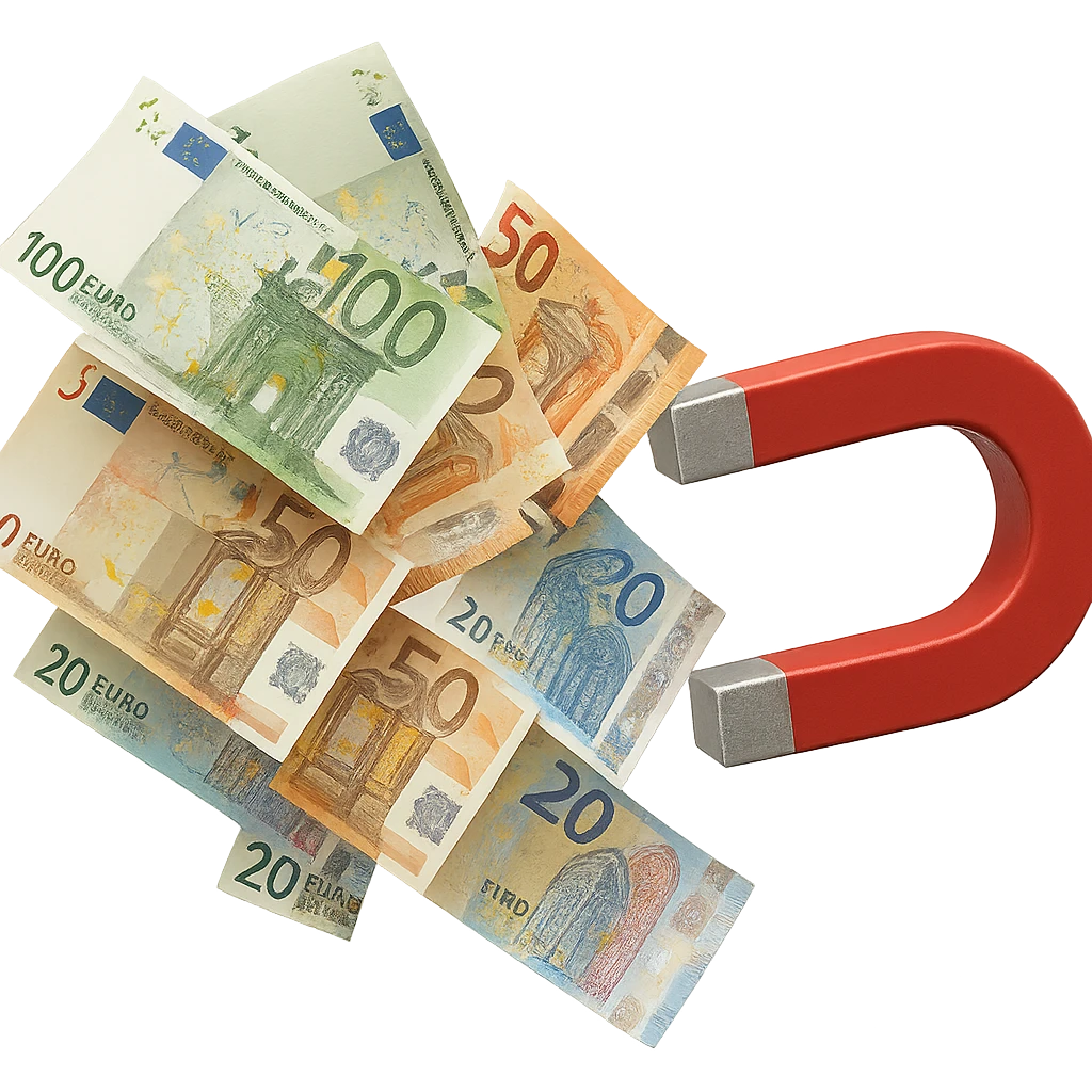 banconote di euro fluttuano vicino ad una calamita rossa, sono attratte, iperrealistico 4k emoji
