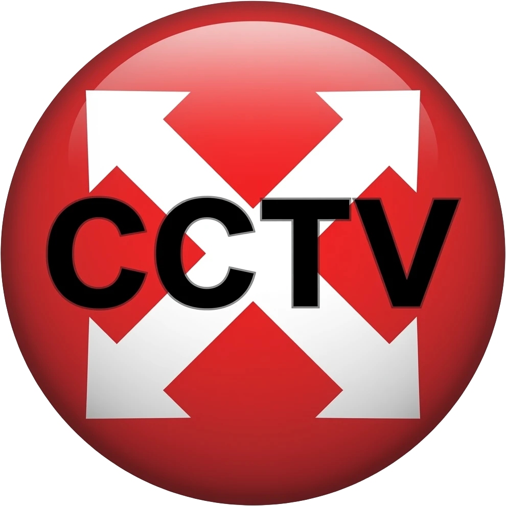 Red filled circle with white X and arrow on all end points on the X. Big CCTV word in the centre in black emoji