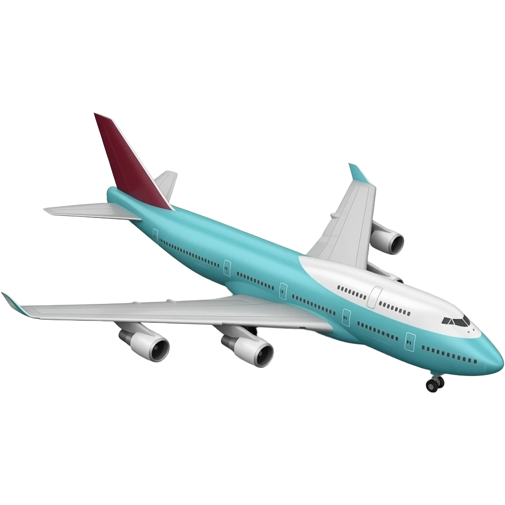 Realistic plane 747 model year: 2020 color: white and cyan and maroon emoji