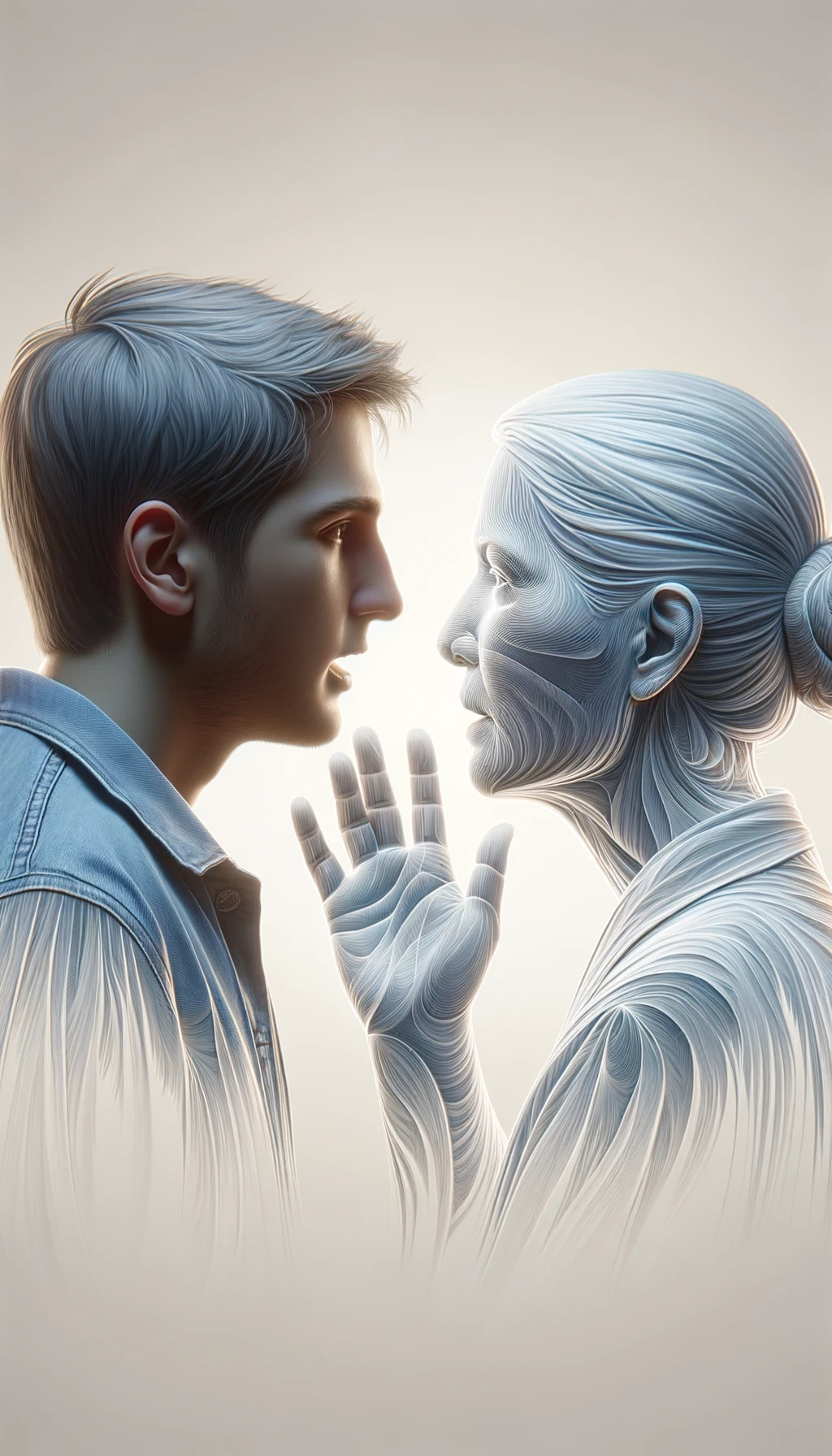 una persona parla e un altra persona di spalle lo ascolta, il significato dell'immagine è che dalle parole si capisce il valore della persona, immagine iperrealistica 4k, sfondo chiaro emoji