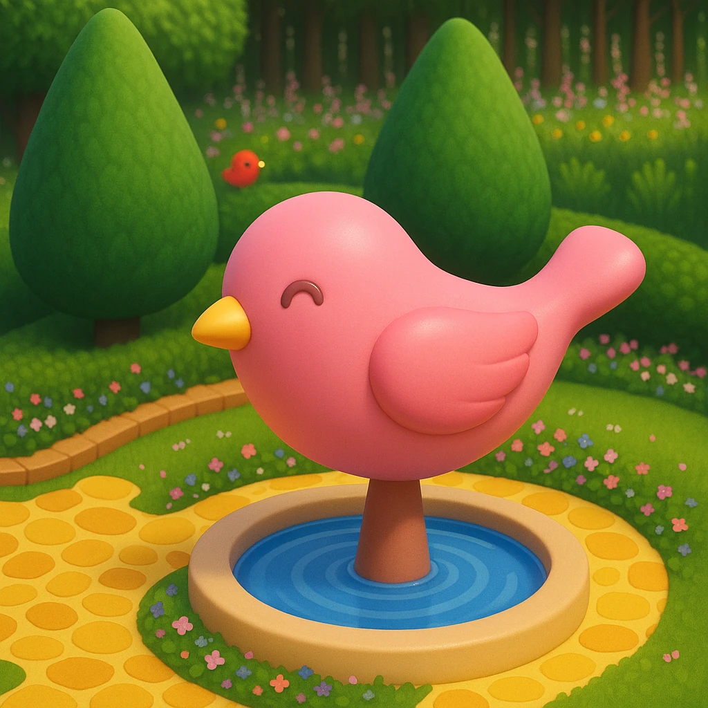 Create a small yard with a fountain featuring a large pink bird sculpture in a style inspired by the 3D emoji style shown in the reference image. Focus on capturing the playful and rounded characteristics of 3D emoji style while adapting it to the scene described. emoji