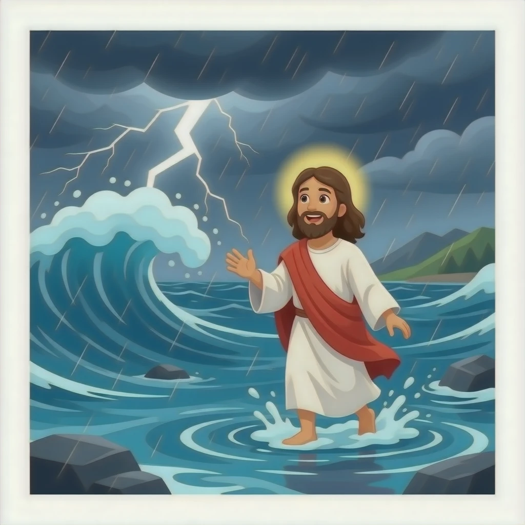Peter scared and walking towards Jesus walking on water during a thunderstorm and crashing waves emoji