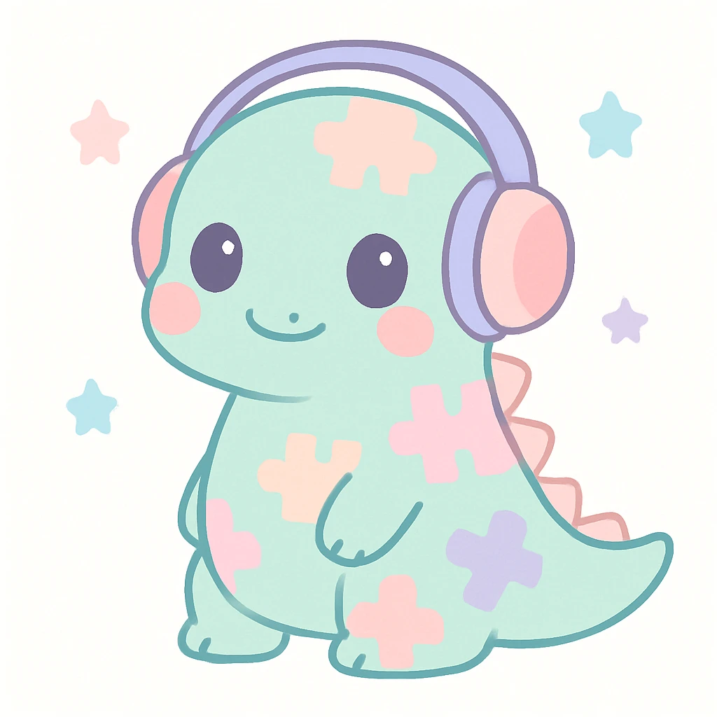 a calm and approachable dinosaur with puzzle piece patterns on its body, wearing noise-cancelling headphones, soft and cute style emoji