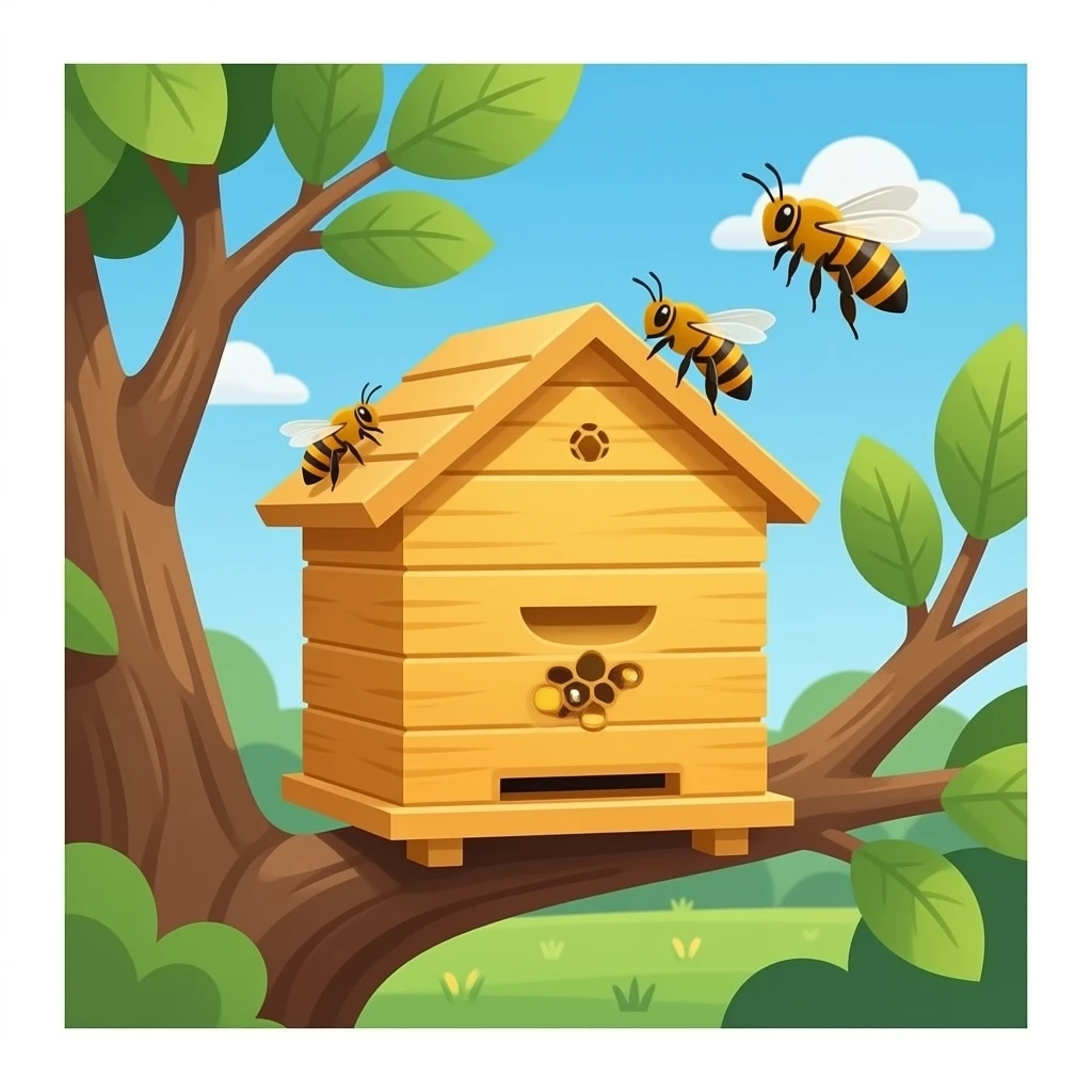 A small hive nestled between tree branches with worker bees. emoji