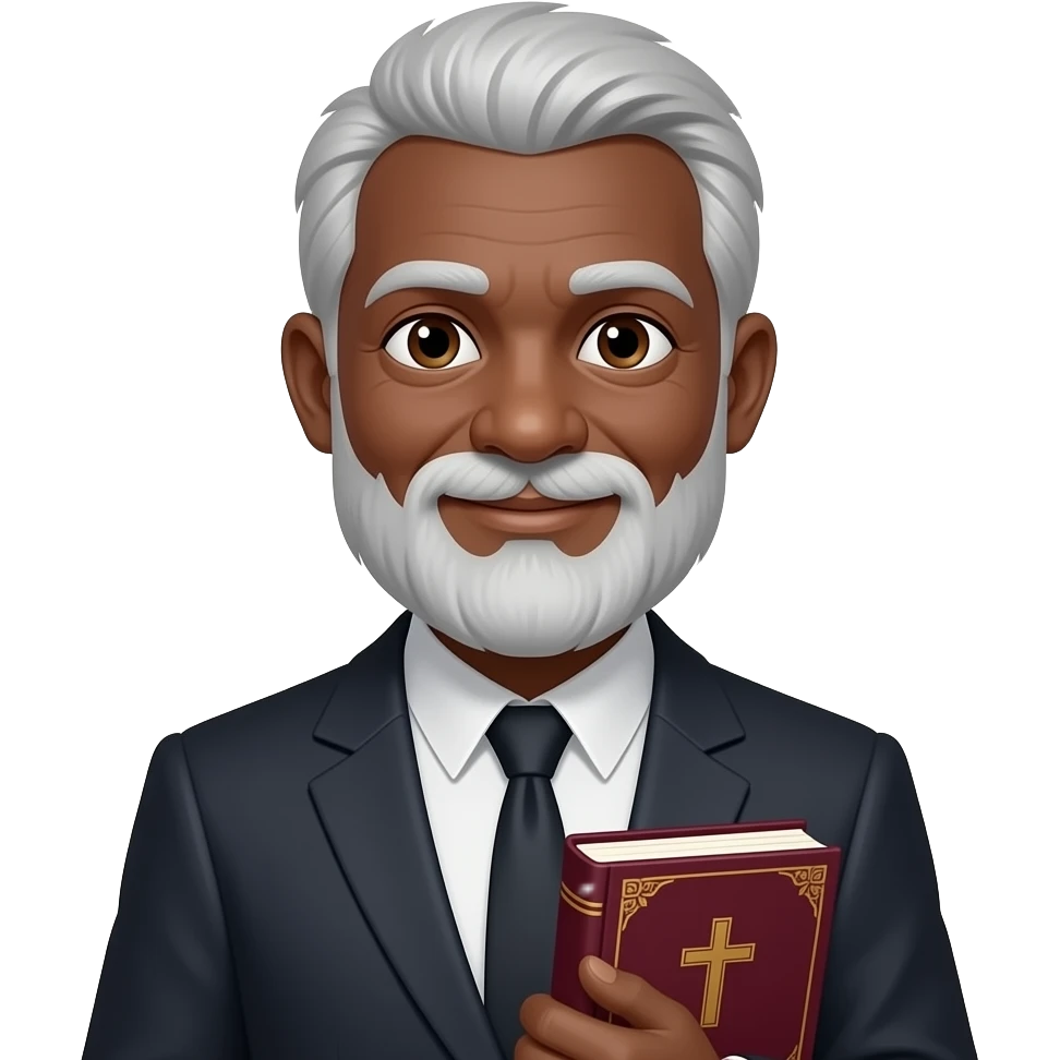 wise old man with grey hair "no suit or tie" slight smile brown eyes white beard black skin with burgundy book that has a cross on it no circle emoji