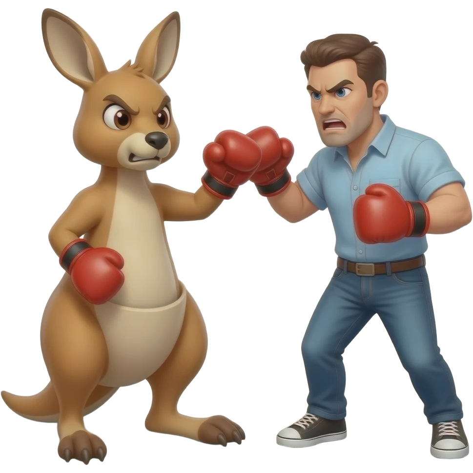 Un canguro enojado boxeando en la cara con un hombre enojado con guantes de boxeo rojo emoji