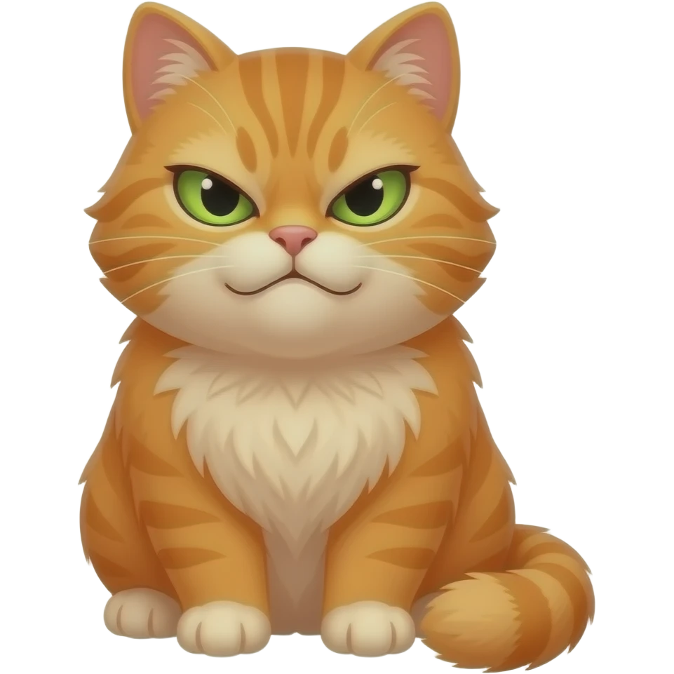 chonky orange cat with angry eyes, green eyes, long haired, smirk, closed mouth smile, full body, sitting emoji