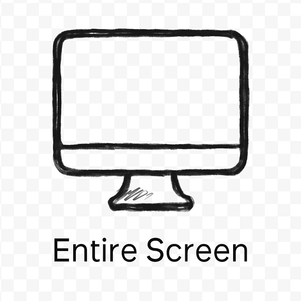 A flat-style vector icon of a desktop monitor viewed head-on, using a simple black outline on a white background to represent “Entire Screen” capture, with the label “Entire Screen” centered below the icon in a clean, modern sans-serif font. Ensure crisp lines, balanced spacing, and a consistent stroke weight for a polished UI look. emoji