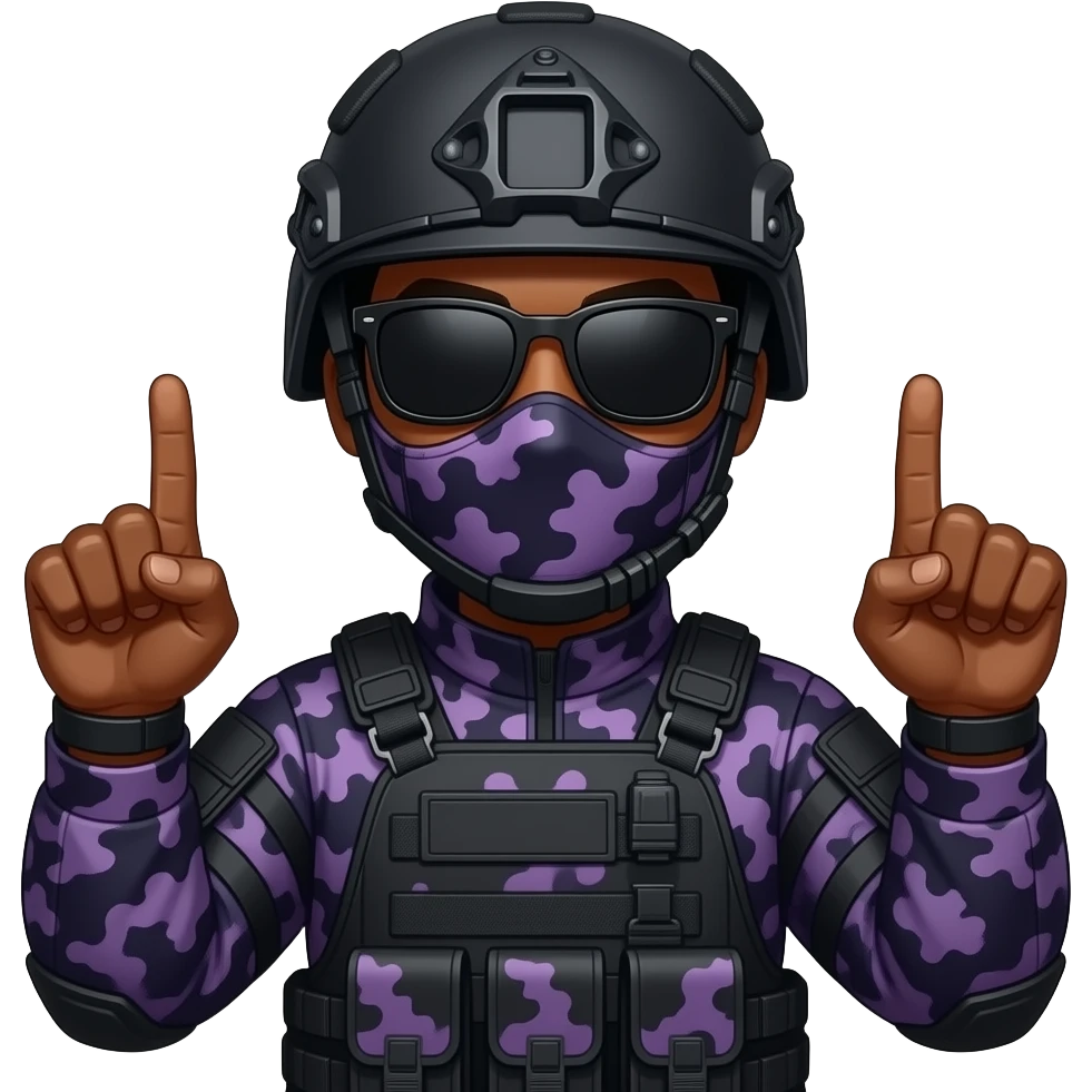 Black Man with two middle fingers in large black sungoggles dark purple camoflage tactical gear helmet mask emoji