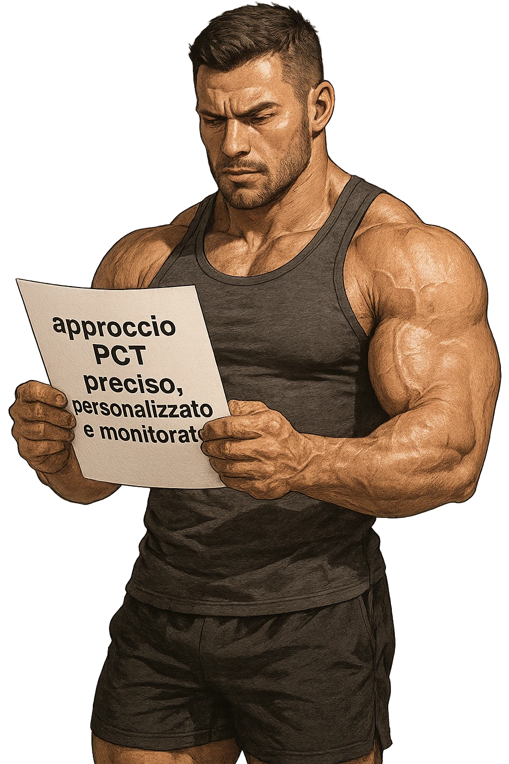 BODYBUILDER CHE LEGGE UN FOGLIO CON LA SCRITTA "approccio PCT preciso, personalizzato
e monitorato" emoji