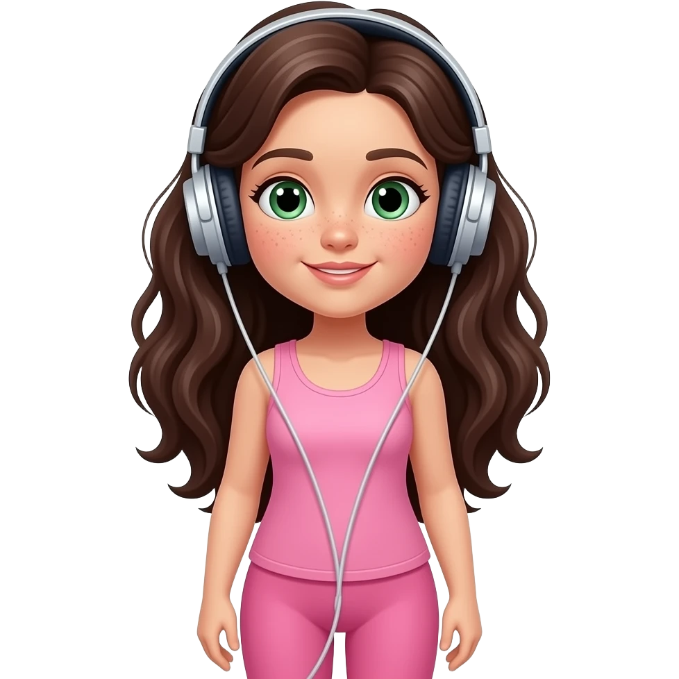 young girl in the style of iphone emoji people, fair skin, green eyes, freckles,long dark brown wavy hair, pink tank top and pink leggings, listening music on headphone emoji