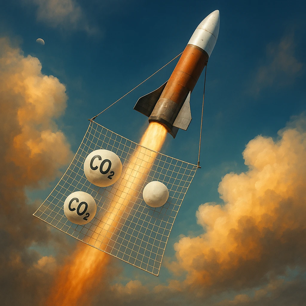 Make this image of a rocket dragging a micronet catching CO2 in the atmosphere realistic, with a lifelike rocket and net, detailed textures, natural lighting, photorealistic style. emoji