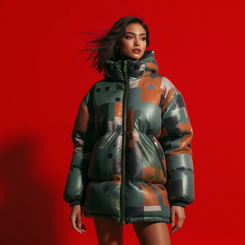 Medium shot, "Echo print effect" motion blur, Photo of a woman dress in abstract (black orange green and blue) grid puffer Louis Vuitton jacket, red solid background, express body, spot light with hard light emoji