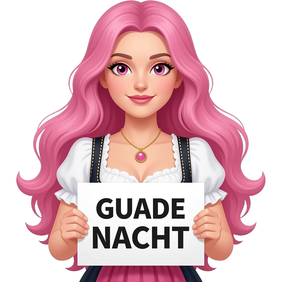 sexy girl with long pink hair and pink eyes wearing a dirndl holding a GUADE NACHT sign emoji