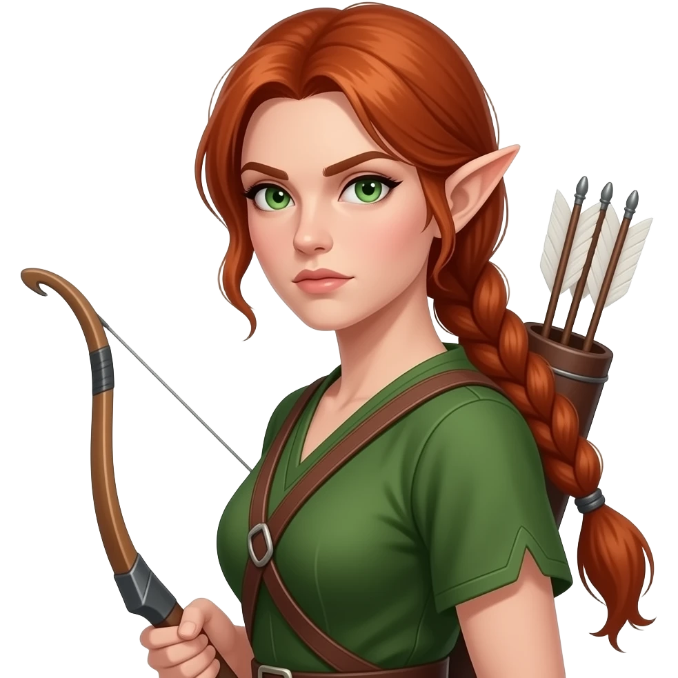 femme adulte rousse aux yeux verts, air déterminé, tresse haute jusque dans le dos, ressemble à une elfe, archère avec un carquois et un arc, tenue verte emoji