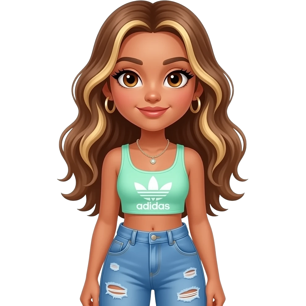 preppy teenage girl, tan, blonde highlights, brown long hair, long eyelashes, beach aesthetic, wearing cute clothes, sexy, wearing ripped blue long baggy jeans with a pastel green revealing crop top, wearing Somba Adidas emoji