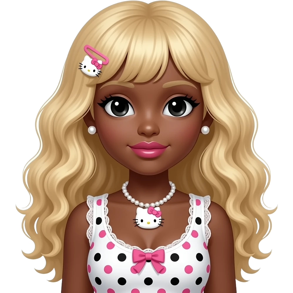 pearl earring studs, black girl, pink lips, my melody hairclip, dark brown skin, Doll faced shaped, hello kitty necklace, bimbo, black doll eyes, Big lips, long curly blonde hair, with white or black lace pink polka dots with gyaru sleeveless shirt, with big breast emoji