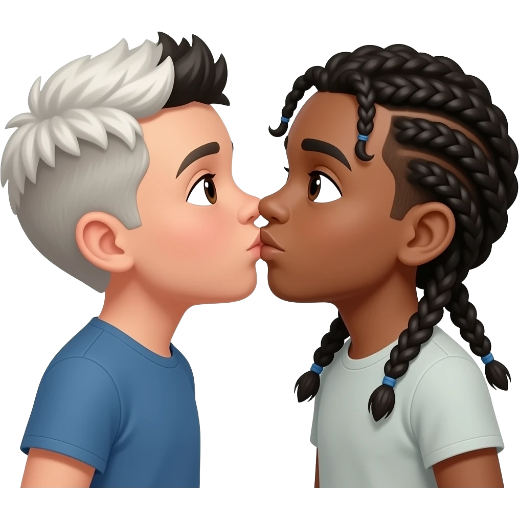 Tan white boy with black middle part hair kissing mixed boy with braids emoji