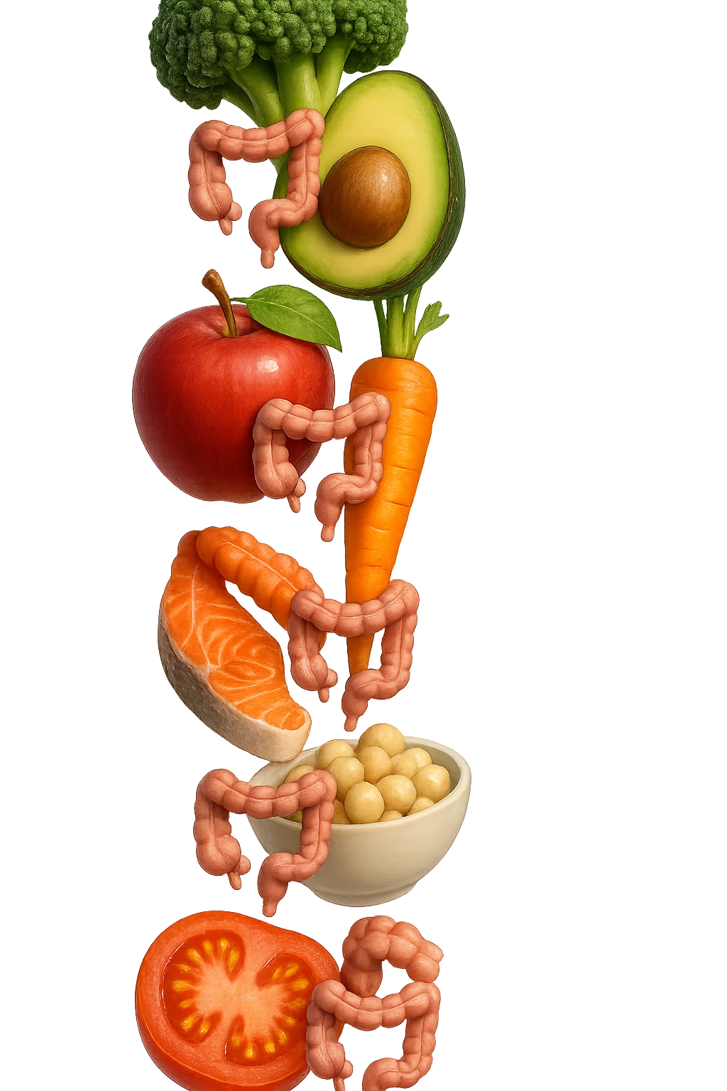 cibo sano fluttua in aria verticalmente stringendo piccoli colon umani, stile emoji iphone, iperrealistico 4k emoji