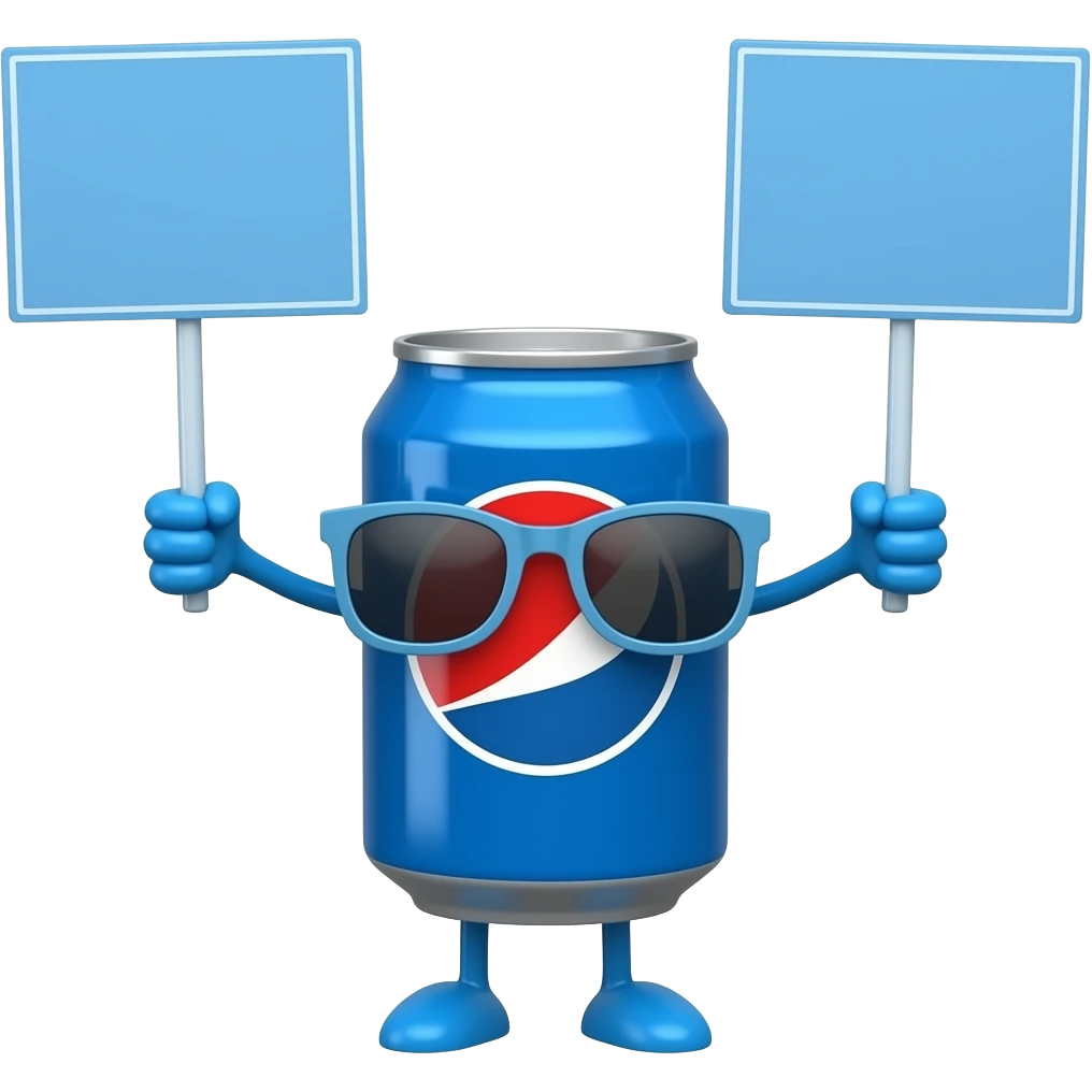 a blue soda can with no design wearing sun shades and holding up 2 peice signs with blue arms and legs emoji