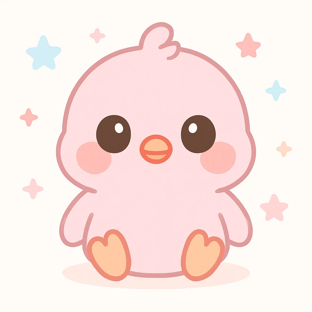 a cute pink chick, original design, big eyes, blushing cheeks, joyful, sitting with feet outstretched emoji
