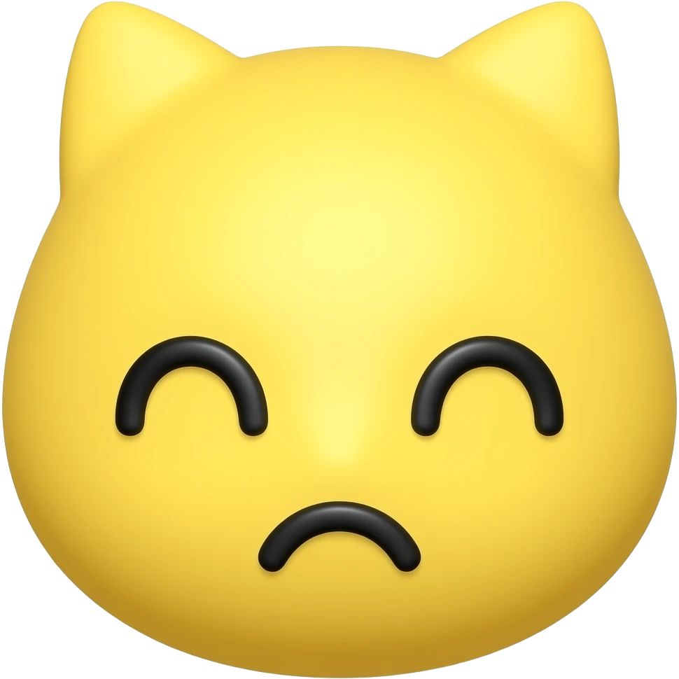 It is a yellow, round face with tightly closed eyes shaped like two small "u"s or downward-curving arcs. The most striking feature is the mouth: it is not simply a line, but shaped like a curved wavy line or a "w", giving it the appearance of a cute cat or a shy pout. emoji