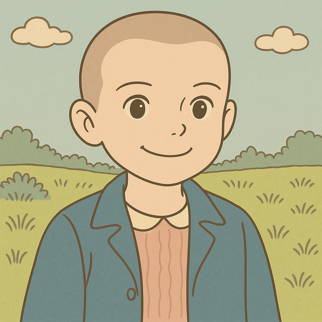 Variation of Eleven with shaved hair, serious expression, simple and delicate line art as in the reference drawing, colored in pastel tones, thick and dark contours, Ghibli style, 1:1 format, expression smiling. emoji