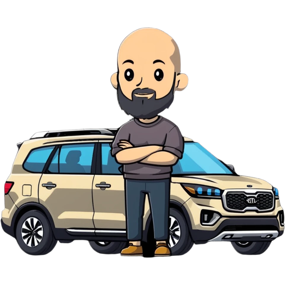 bald man with beard standing next to a Kia Mohave SUV emoji