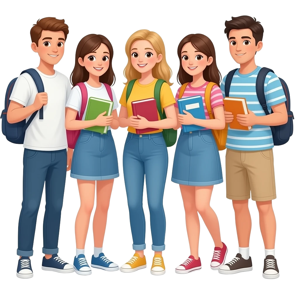 아이폰 이모티콘 스타일, 가방을 메고 책을 들고 있는 대학생들, 여름 배경 emoji