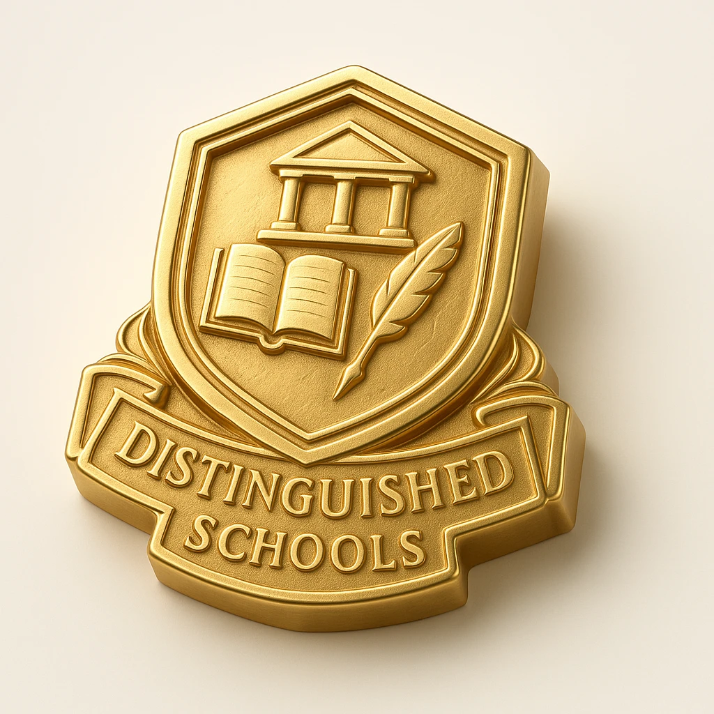 prestigious label or badge for distinguished schools, designed in pure gold, with elegant details and a sense of academic excellence emoji