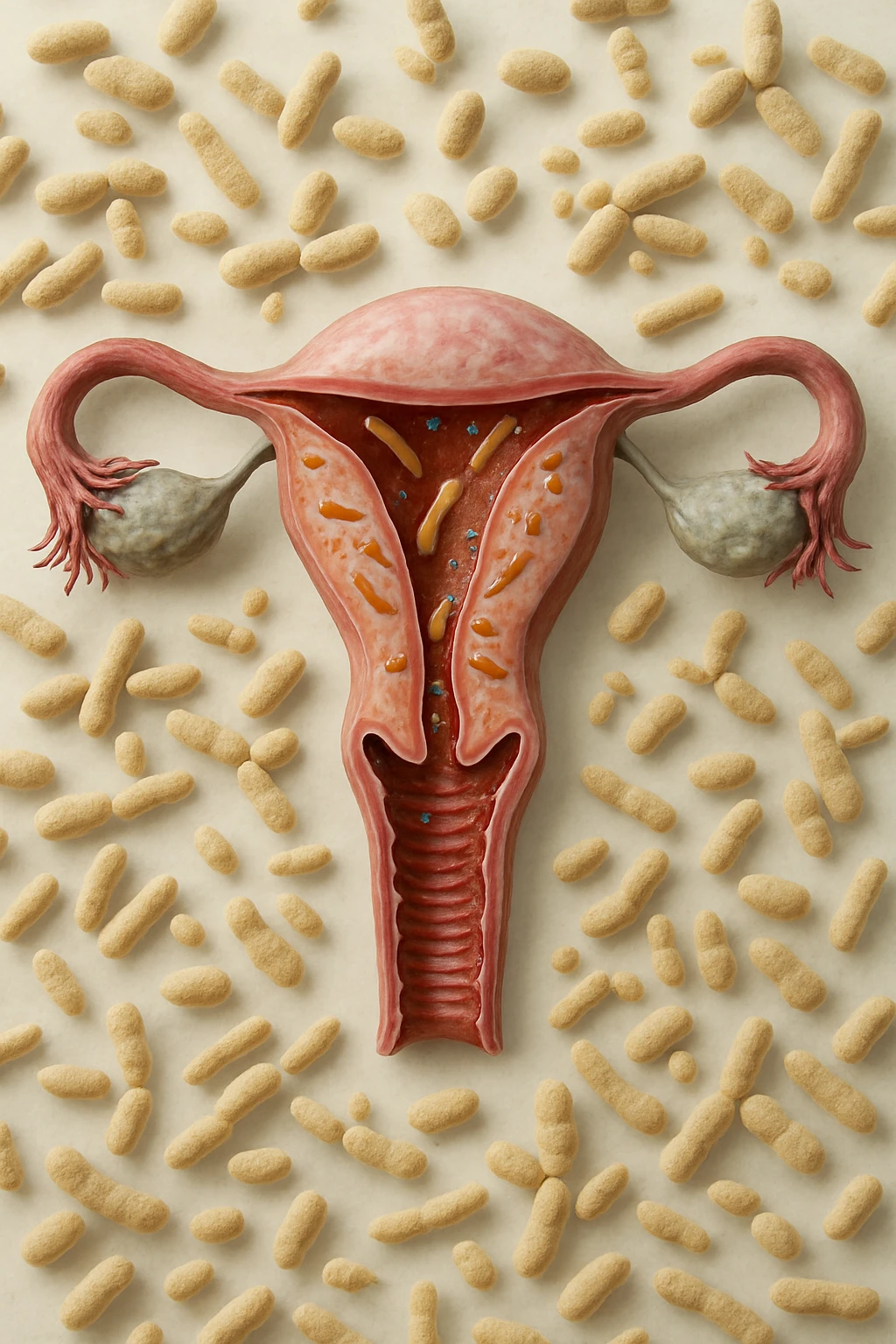 utero umano realistico con batteri della candida intorno, la foto si deve vedere per intero in formato verticale, sullo sfondo neutro chiaro ci sono batteri della candida, iperrealistico 4k emoji