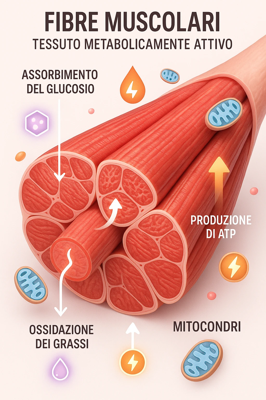 a highly detailed cross-section of human skeletal muscle fibers, shown in vibrant red and pink tones, with visible striations and realistic texture. Glowing arrows and animated icons represent active metabolic processes—such as glucose uptake, fat oxidation, and ATP production—occurring within the muscle tissue. Surrounding the muscle, floating symbols for mitochondria and energy highlight its metabolic activity. The background is clean and clinical, with subtle labels and infographics explaining that muscle is a metabolically active tissue. The overall style is modern, scientific, and visually engaging, suitable for educational or medical use. in italiano emoji