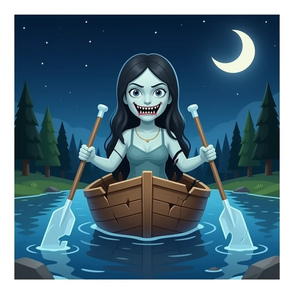 cinematic surrealistic - a broken boat with a terrifying female apparition around which flutters transparent larger oars emoji