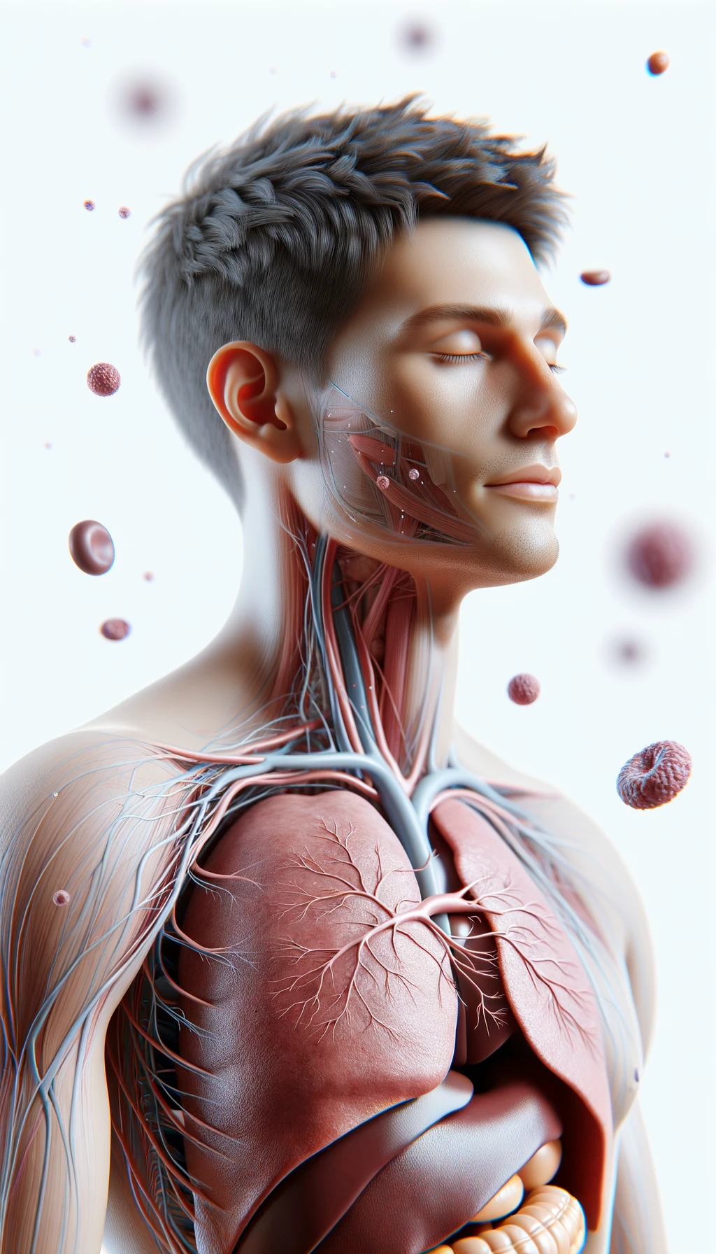 corpo umano anatomico con capelli corti e gli occhi chiusi, intorno a lui fluttuano cellule, fegato in evidenza, ha l'espressione rilassata, visto dal fianco iperrealistica 4k, isolato su sfondo bianco emoji