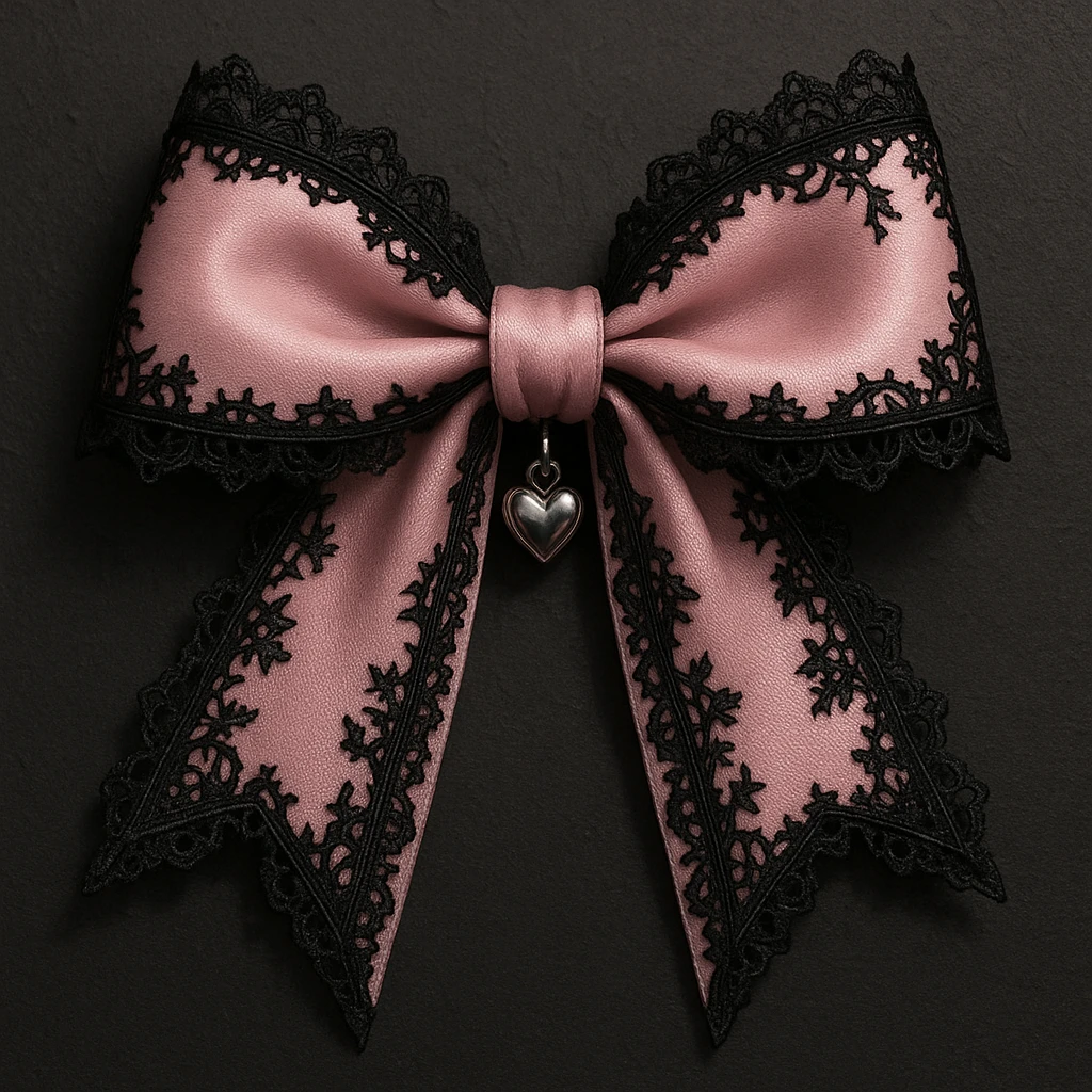 pink gothic bow with black lace trim and heart charm emoji