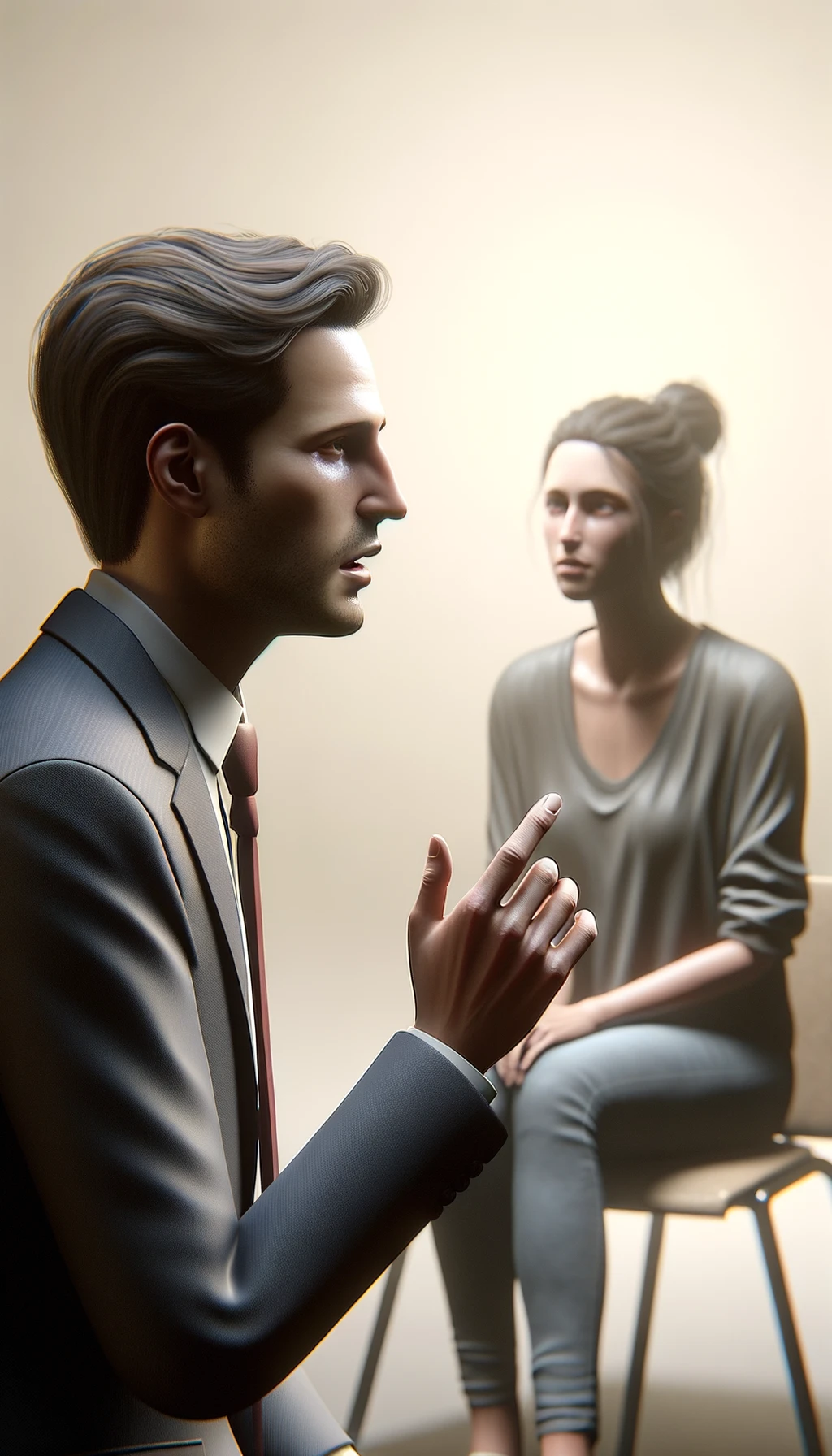 una persona parla e un altra persona di spalle lo ascolta, il significato dell'immagine è che dalle parole si capisce il valore della persona, immagine iperrealistica 4k, sfondo chiaro emoji
