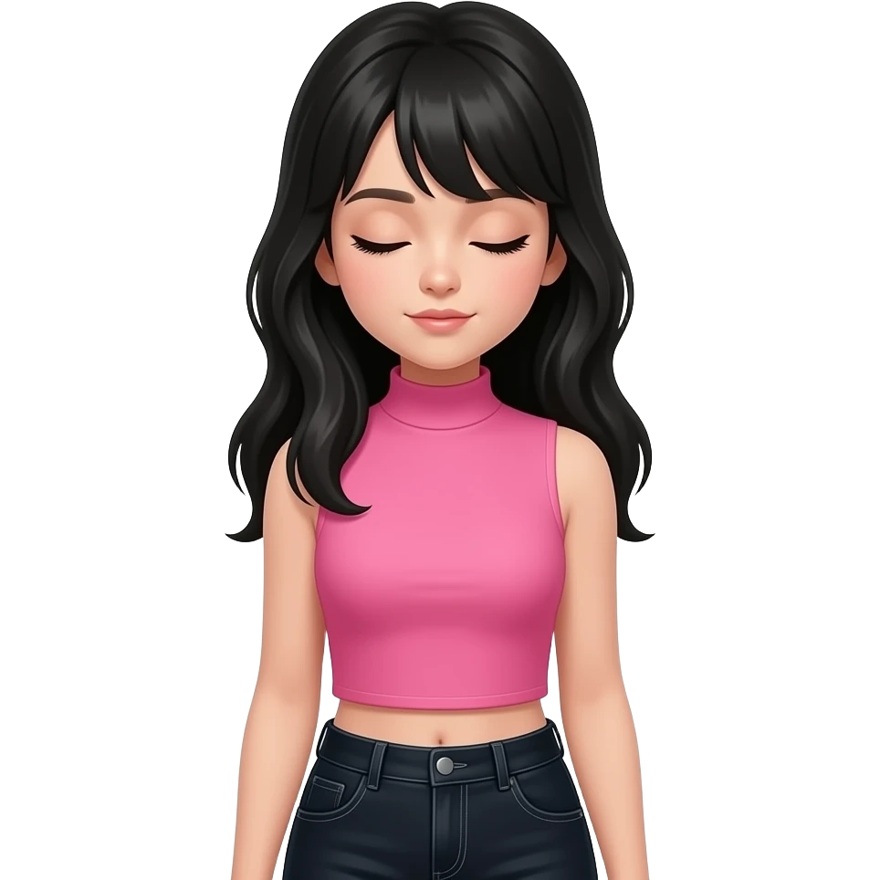 Teenage girl with long black hair wearing a pink sleeveless turtleneck top and long black jeans with her eyes closed and looking down emoji