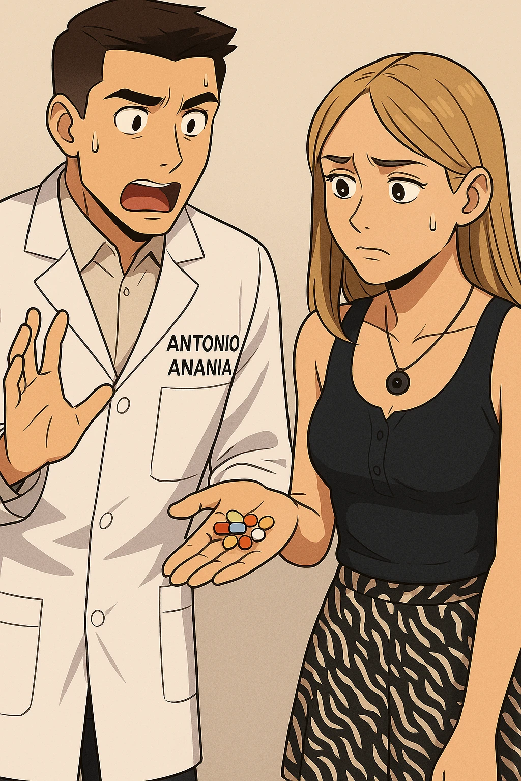 fai un webtoon/manga a colori con questo kinesiologo in camice bianco (fagli la scritta "ANTONIO ANANIA" SUL CAMICE) CHE PARLA CON QUESTA RAGAZZA. LA RAGAZZA HA UN PUGNO DI INTEGRATORI IN MANO (TANTE PILLOLE DIVERSE) E LE GUARDA DUBBIOSA. IL KINESIOLOGO CON IL CAMICE BIANCO LE DOMANDA UNA COSA SCIOCCATO. NON FARE I FUMETTI, FAI SOLO LORO COME SE DIALOGASSERO emoji