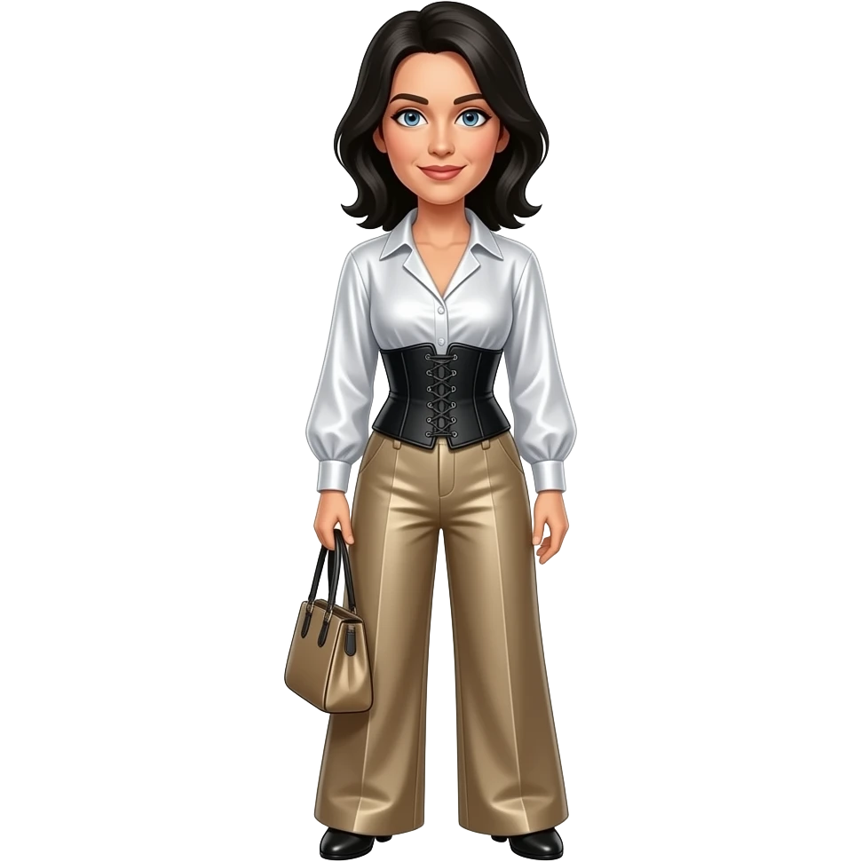 Oliver Reed with blue eyes, black hair, white metallic blouse, black corset belt, taupe metallic baggy wide leg pants emoji