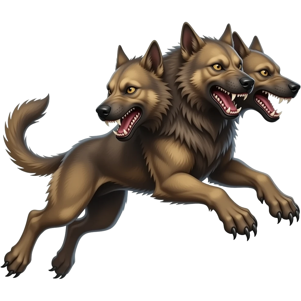 cinematic - cerberus, a three-headed creepy hellhound in a jump emoji