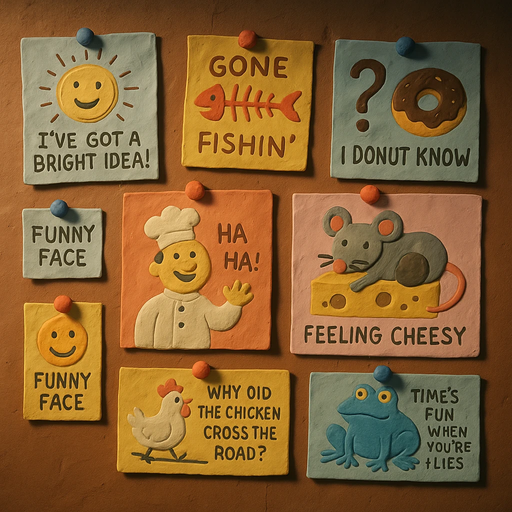 claymation style wall of jokes, a matte plasticine claymation style scene of a wall covered with various humorous illustrations and jokes emoji