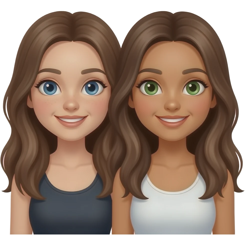 make to best friends. its two girls. the one with brown hair and blue eyes, the other one with brown hair and green eyes and more pale in the skin than the one with blue eyes who is a little more tanned. make her with green eyes a little more tanned and their both hair longer emoji