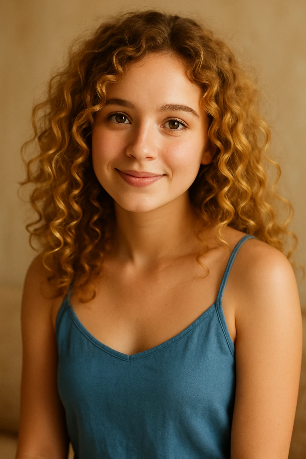 A girl with curly golden hair, brown eyes, blue camisole dress, cute and approachable emoji