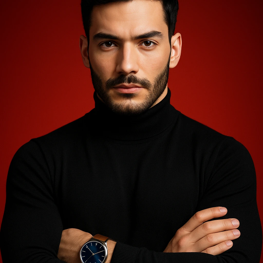 Create an ultra-realistic, high-detail, 4K editorial portrait of the person in the reference image. Emphasize sharp features, flawless fair skin, sleek black hair, and a black turtleneck. The person has arms crossed and wears a wristwatch with a blue dial and brown strap. The background is a bold red gradient with dramatic cinematic lighting. The composition is symmetrical and minimal. emoji