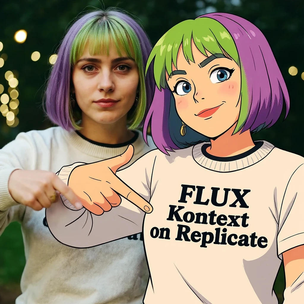 make a image of a girl with a anime version of that girl beside her wearing tshirt with text of "FLUX Kontext", avoid replicate emoji