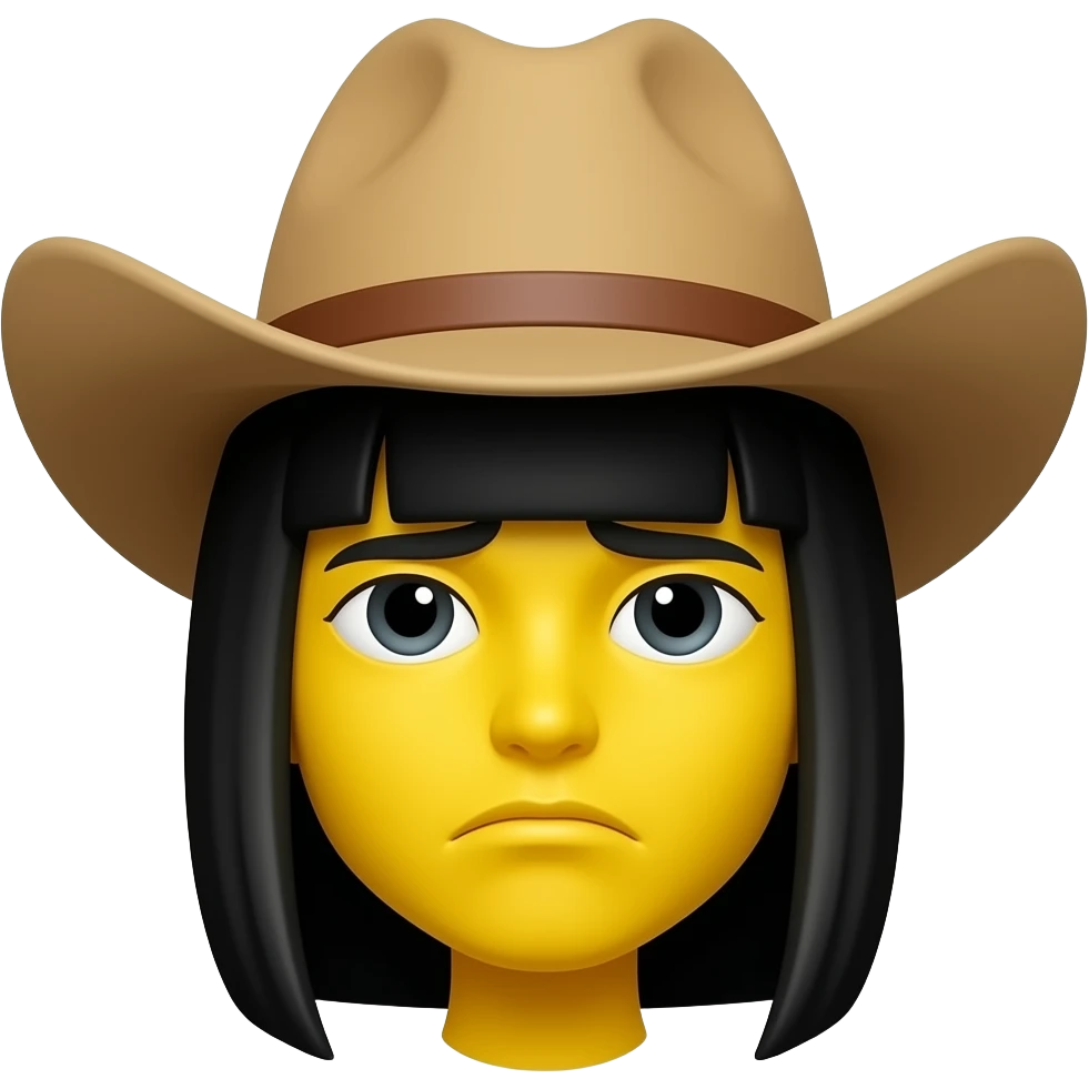 sad yellow faced emo emoji with a large sweeping black fringe wearing a cowboy hat emoji