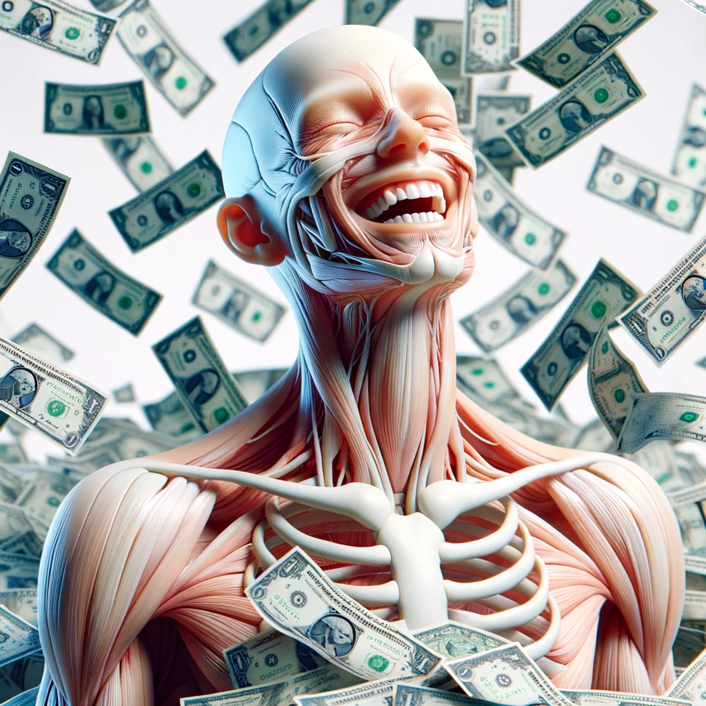 corpo umano anatomico sereno e felice con una montagna di banconote davanti, espressione stupita, iperrealistica 4k, isolato su sfondo bianco emoji