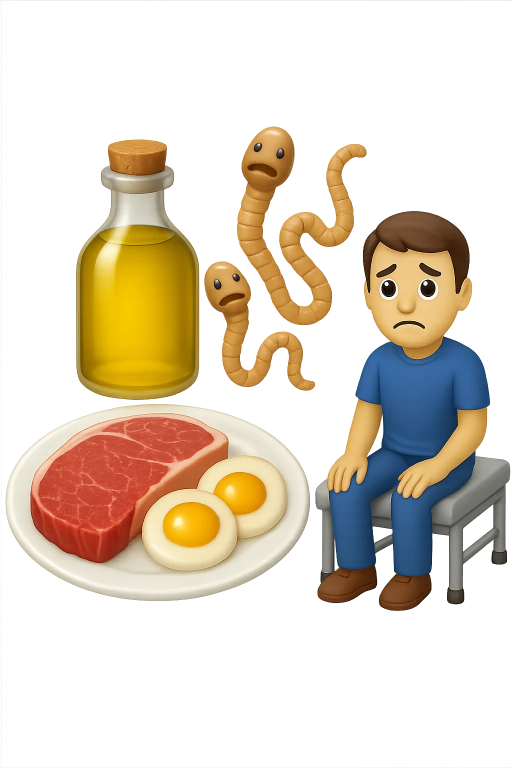 emoji stile iphone di UN PIATTO CON CARNE ROSSA E UOVA, UNA BOTTIGLIA DI OLIO DI SEMI, DUE PARASSITI TIPO LA TENIA, UOMO SEDUTO SU UN LETTINO DA FISIOTERAPISTA, IPERREALISTICO 4K emoji