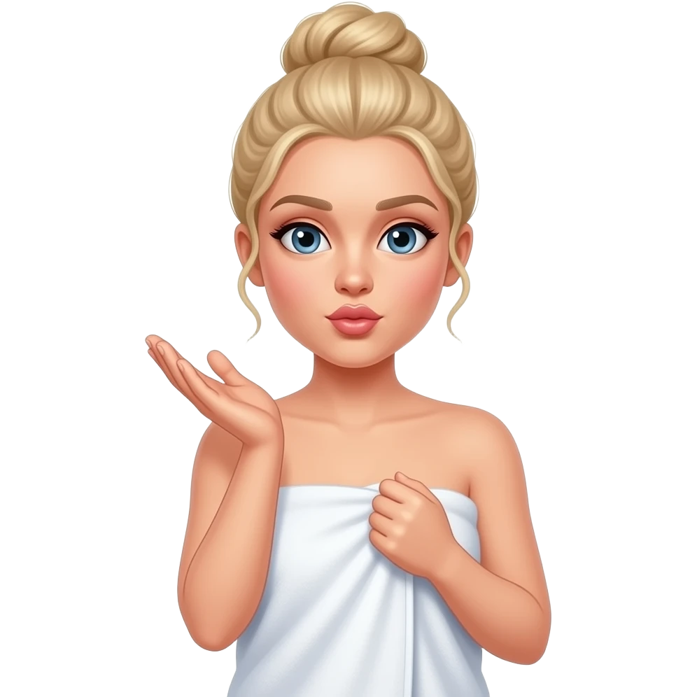 A blonde women wrapped in a towel. Her hair is twisted up in a bun. She is holding the towel up with one hand and blowing a kiss with another By. emoji
