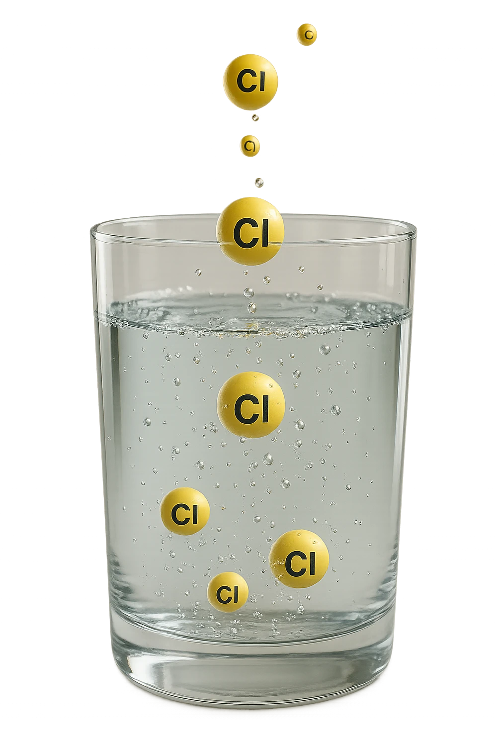 un bicchiere di acqua fluttua in aria realistico e dettagliato, dentro l'acqua del bicchiere ci sono particelle di cloro ben visibili con la scritta "Cl" sopra, ci sono particelle anche che escono dal bicchiere e fluttuano in aria verticalmente, mentre alcune sono all'interno dell'acqua nel bicchiere, iperrealistico 4k emoji